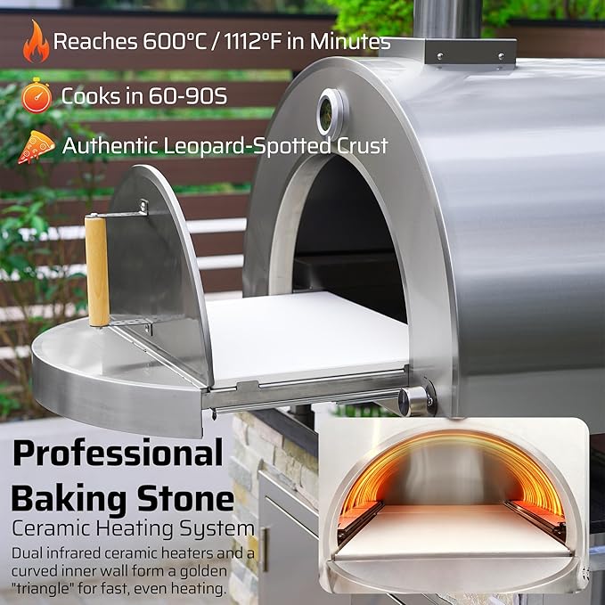 Gas Pizza Oven 16 Inch - 600°C Stainless Steel 304 Table Top Pizza Oven for Outdoor Use, Countertop Pizza Maker with Double-Layer Insulation for Backyard, Patio, Outdoor Kitchen (propane)