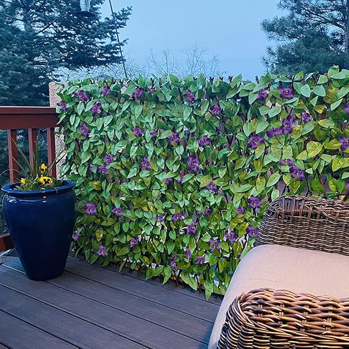 Expandable Fence Privacy Screen for Balcony Patio Outdoor,Decorative Faux Ivy Fencing Panel,Artificial Hedges (Single Sided Leaves) (4, Green Flowers)