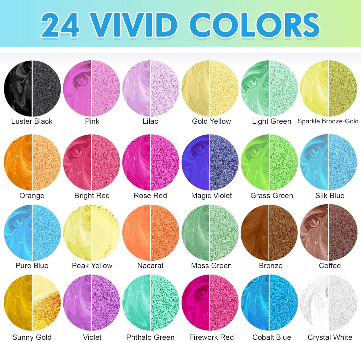 CHANGTIKEJI Mica Powder，24 Colors - 10g/Bottle of Natural Pigment Powder for Epoxy Resin，Soap Making，Candle Making,Lip Gloss,Car Freshies,Dye,Nail Polish,Bath Bombs