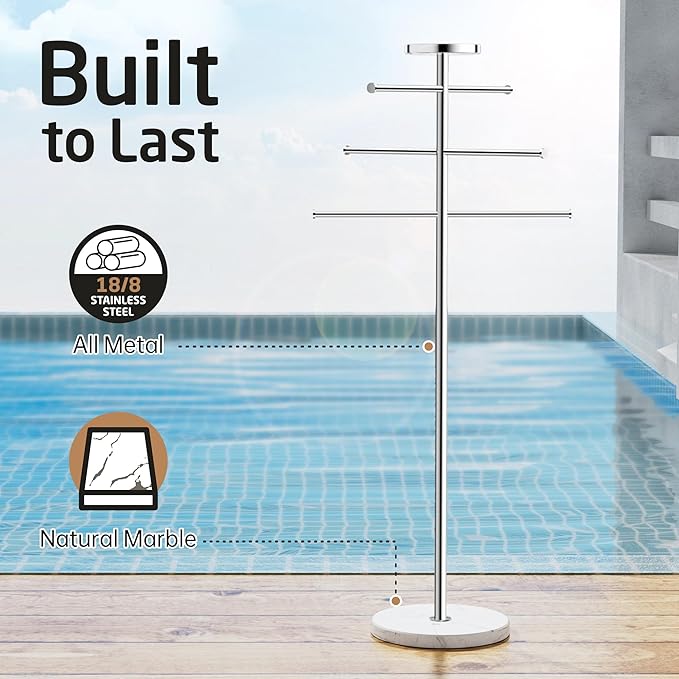 KES Outdoor Towel Tack for Hot Tub, Pool Towel Rack Outdoor with Natural Marble Base 59" H 18/8 Stainless Steel Adjustable 3 Arms with Storage Tray, Polished Finish, OTR200