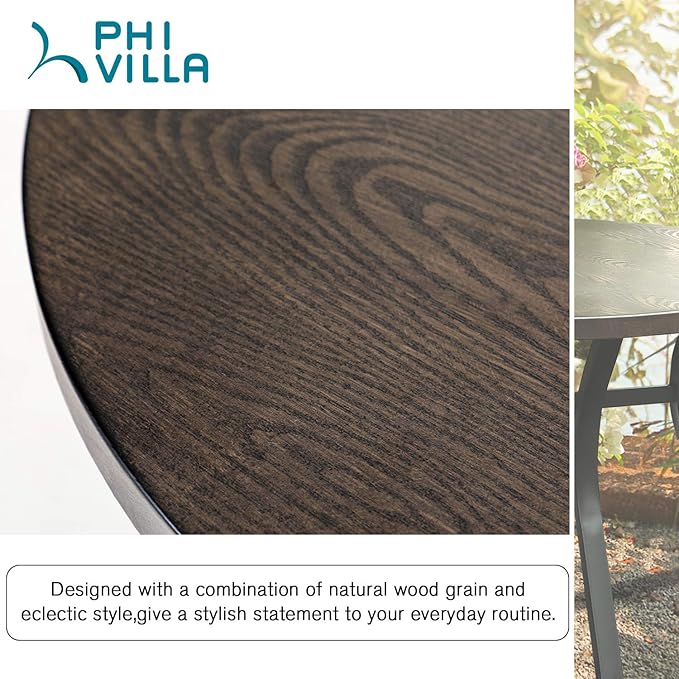 PHI VILLA 44 Inch Large Metal Round Table for 4, Wood-Like Top Patio Table with Umbrella Hole, Large Modern Furniture for Deck, Porch, Yard - Black