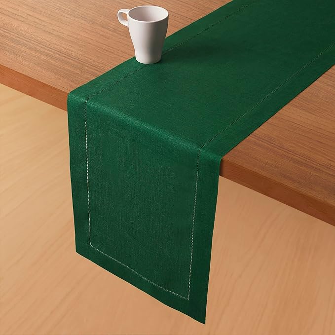D'Moksha Homes Linen Forest Green Table Runner 108 Inches Long - 100% Pure Linen 14 x 108 Inch Table Runner for St Patricks Day, Easter - Classic Hemstitch