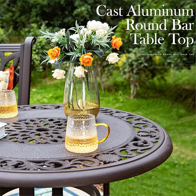 PHI VILLA 32 in Cast Aluminum Patio Outdoor Bistro Round Dining Table with Frosted Surface