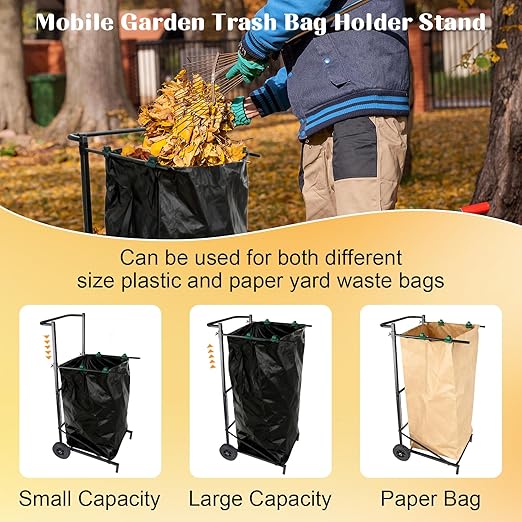 Trash Bag Holder with Wheels, Adjustable Metal Leaf Bag Holder with 4 Clips, Heavy Duty Outdoor Mobile Garbage Bags Cart, Lawn Garbage Bag Stand Holds 35-45 Gallon for Lawn Leaves, Camping, Weeding