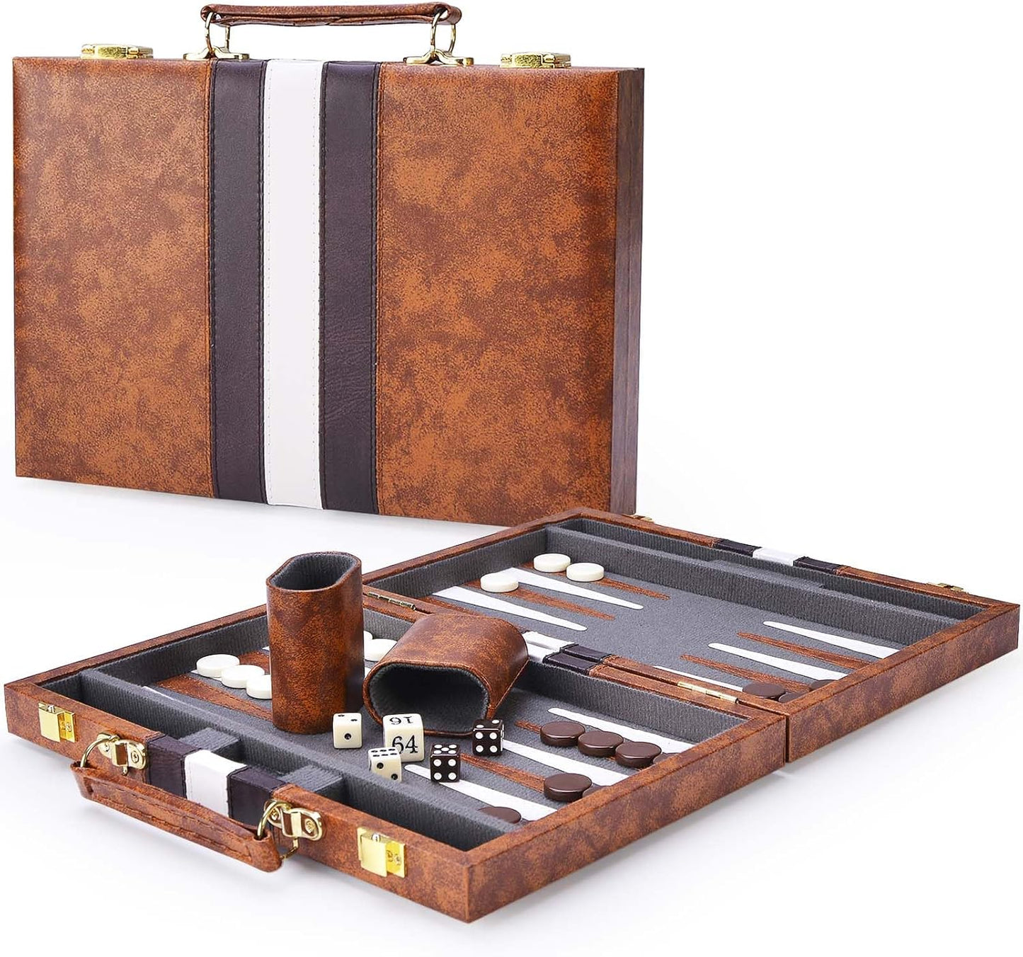 AMEROUS Backgammon Set, 11 Inches Classic Board Game withLeather Case, Folding Board, Gift Package, Portable Travel Strategy Backgammon Game Set for Adults, Kids (Small, Brown)