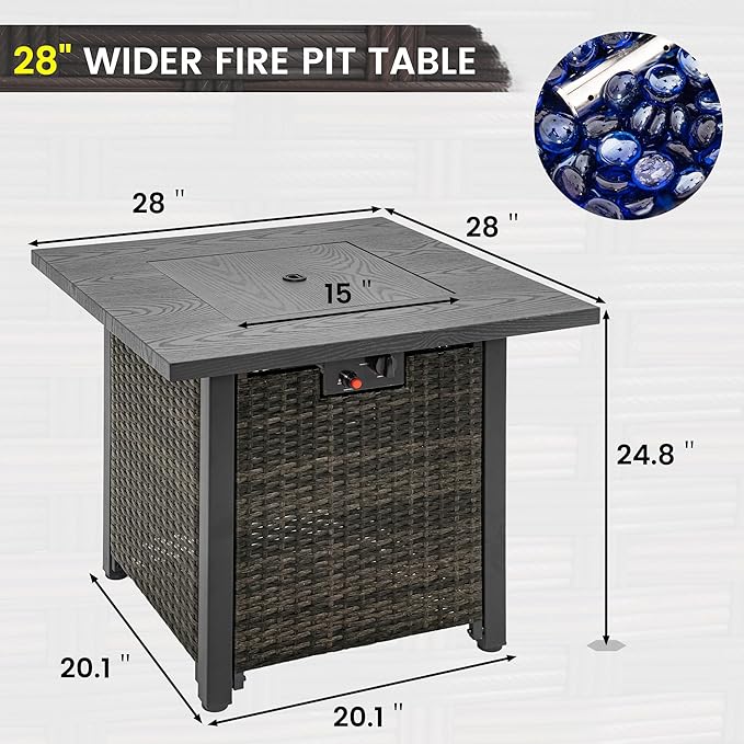 Sundale Outdoor 28 Inch Outdoor Fire Pit Table, 50000 BTU Propane Fire Pits with Rain Cover, Glass Stones and Lid, Wicker Gas Fire Pit for Outside Patio and Garden, CSA-Listed
