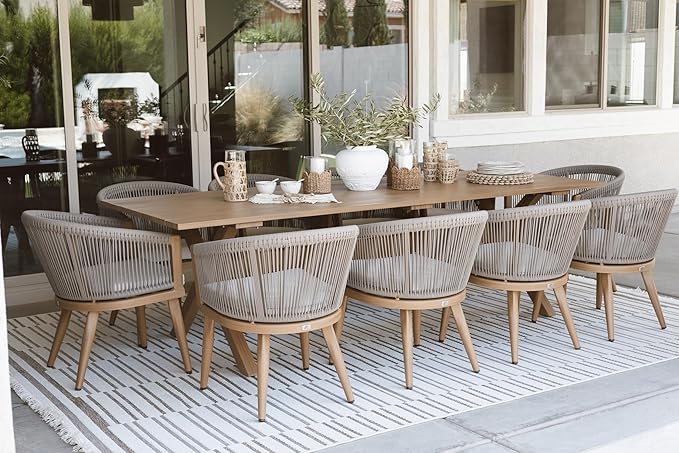 PURPLE LEAF Outdoor Dining Set for 10 All-Weather Aluminum 11 Piece Furniture Sets with Woodgrain Table and Rope Weave Chairs Included Cushions for Backyard Indoor Decor Kitchen Patio Set Teak Color