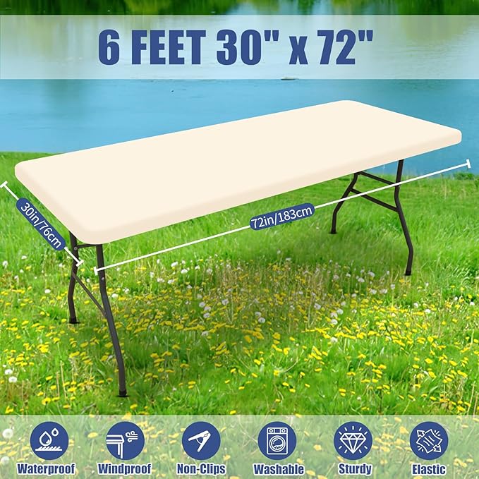 Spandex 6 Foot Rectangle Table Cloth 6 Pack, Elastic Fitted Tablecloths for Picnic, Stretch Washable Patio Table Cover for Outdoor, Camping, Banquet and Parties (Champagne, 30"x72")