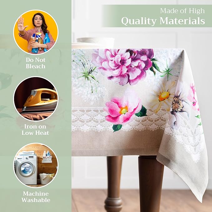 Maison d' Hermine Table Cloth Rectangle Table 100% Cotton 54 x 72 Inches Tablecloth Reusable Decorative Everyday Use for Dining Room, Farmhouse, Home, Party, Festive & Wedding Spring Summer - Pivoine