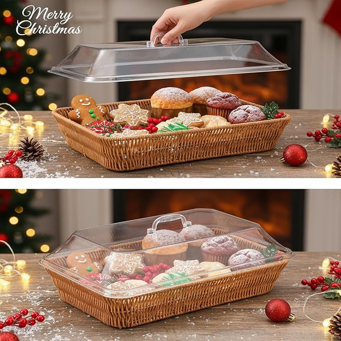 2 Set Wicker Bread Basket for Serving with Acrylic Lid Imitation Rattan Bread Basket Woven Rectangular with Cover for Fruit Food Display Party Easter Picnic(15.75" X 11.81", 13.78" X 9.84")