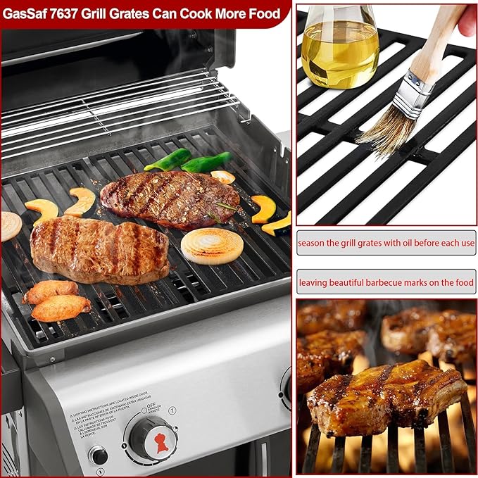 GasSaf 17.5 Grill Grates for Weber 7637 Spirit 200 E210 E220 S210 S220, GS4 Spirit II E-210 (Front-Knob), Cooking Grates Replacement Parts for Weber 2 Burner Gas Grills, 17.5 x 10.2 Cast Iron, 2-Pack