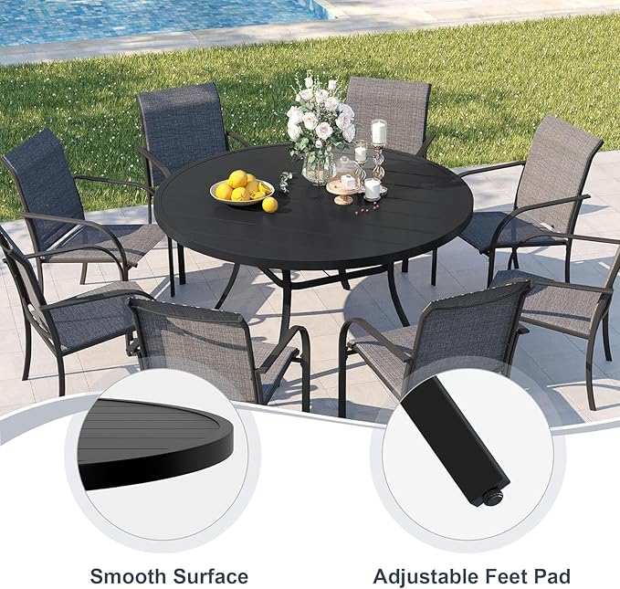 VICLLAX Round Patio Dining Table, Metal Outdoor Dining Table with Umbrella Hole for 8-10 Person, 60" Black