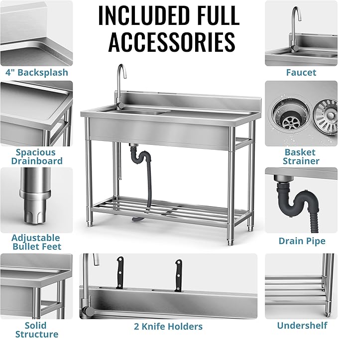 Stainless Steel Sink, Free Standing Kitchen Sink with Countertop Workstation, Utility Sink Single Bowl with Cold and Hot Water Pipe for Kitch Laundry Room Garage Farmhouse Indoor Outdoor (39 Inch L)