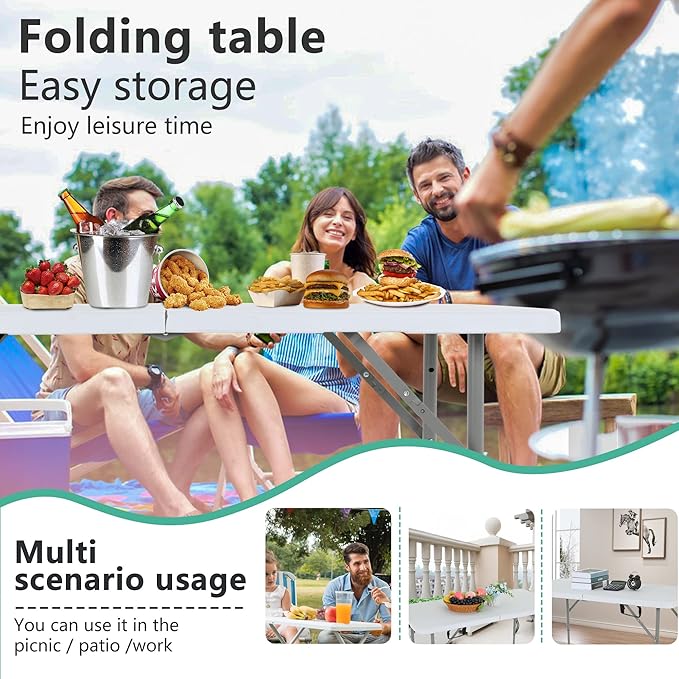 FDW Folding Half Portable Foldable Table for Parties Backyard Events (White, 6 FT 70 * 29) (White, 4 FT)