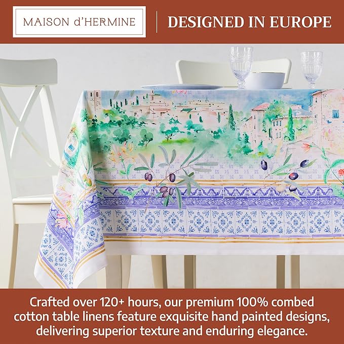 Maison d' Hermine Premium Table Cloth Rectangle Table 100% Combed Cotton 90 x 70 Inches Tablecloth Reusable Decorative for Dining Room, Farmhouse, Home, Party, Festive & Wedding - Luberon