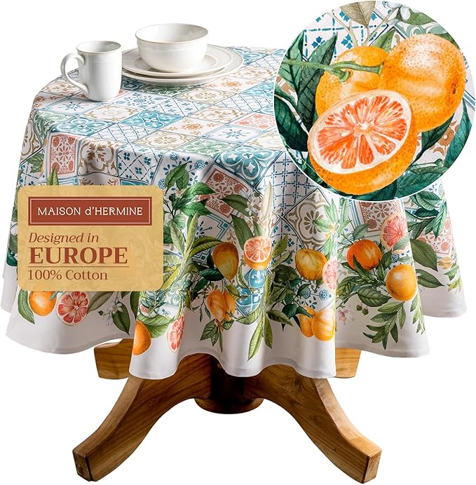 Maison d' Hermine Table Cloth Round Table 100% Cotton 69 Inches Tablecloth Reusable Decorative Everyday Use for Dining Room, Farmhouse, Home, Party, Festive & Wedding Spring Summer - Agrume