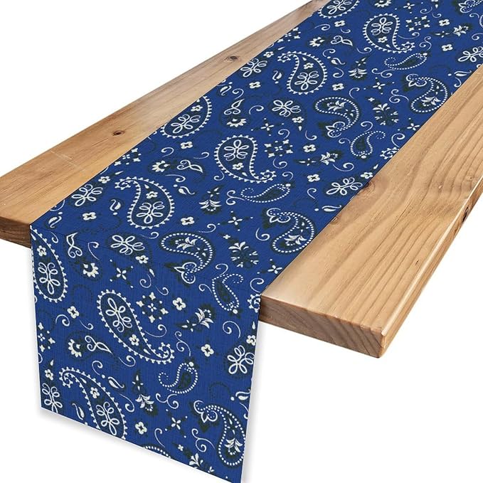 Blue Paisley Table Runner, Vintage Damask Antique Floral Flower Boho Damask Swirled Rustic Coffee Table Center Decor for Family Kitchen and Living Room Outdoor Table Decorations, 13"x90"