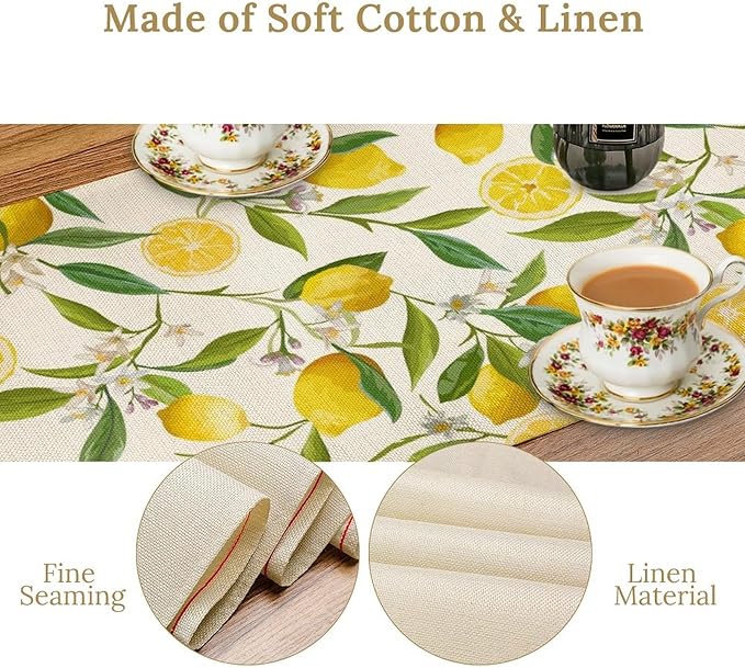 Lemon Table Runner, Summer Fruits Green Leaves Flower Plant Table Runner for Farmhouse Coffee Home Kitchen Dining Party Outdoor 13x108in