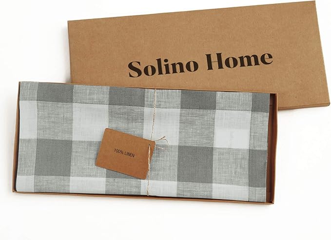 Solino Home Linen Checkered Table Runner 36 Inches - 100% Pure Linen Grey and White Buffalo Check Short Table Runner 14 x 36 Inch Ideal for Dresser and Coffee Tables - Winter, Spring, Easter