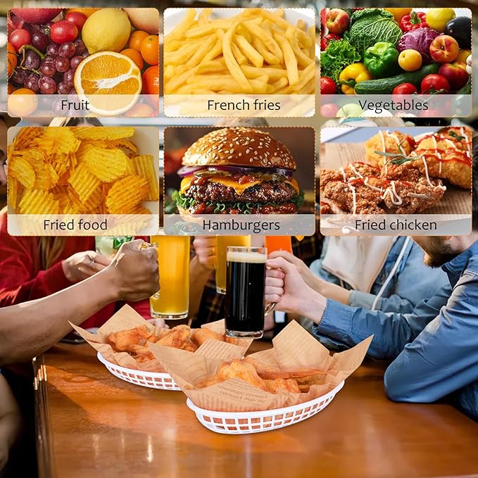 20 Pack Plastic Fast Food Baskets, 8.8" × 5.5" Small Oval Restaurant Serving Baskets Tray for Burgers, Sandwiches, Hot Dogs, Parties, Food Trucks, Reusable or Disposable, Stackable(White)