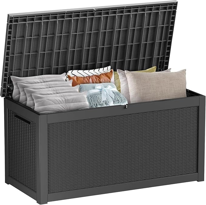 320 Gallon Resin Deck Box, Waterproof Outdoor Storage Box for Patio Furniture Cushions, Garden Tools, and Pool Accessories, Large Lockable UV-Resistant Storage Bin Bench Cabinet for Outside, Black