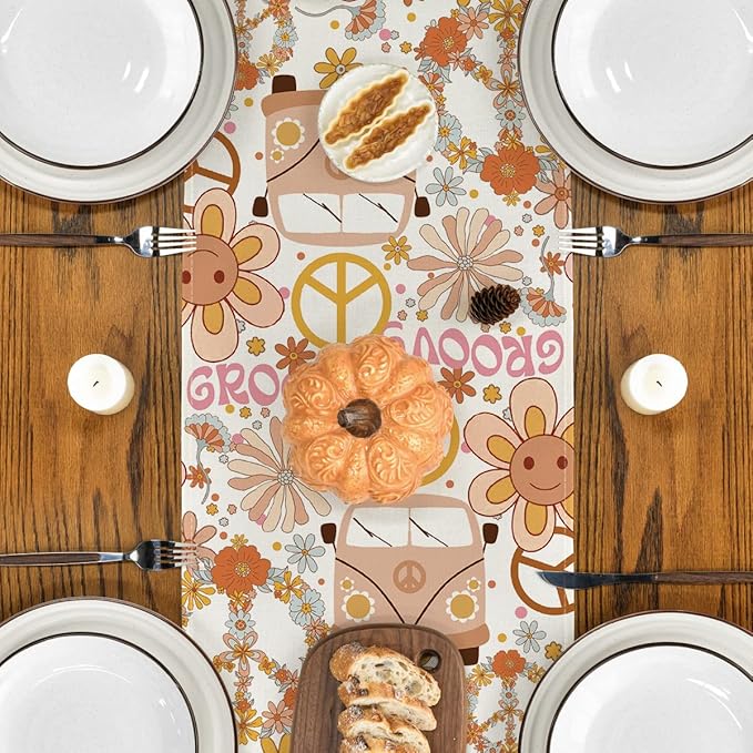 Artoid Mode Daisy Flower Peace and Love Table Runner, Wreath Float Groovy Kitchen Dining Table Decoration for Outdoor Home Party 13x72 Inch