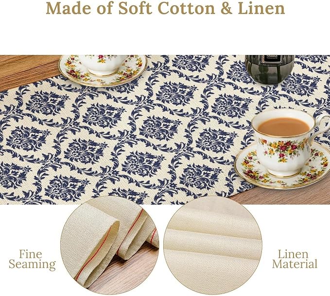 Damask Table Runner, Rustic Gothic Baroque Style Floral Bohemian Boho Blue Flower Antique Vintage Coffee Table Center Decor for Kitchen and Dining Outdoor Country Party Table Decorations, 13"x36"