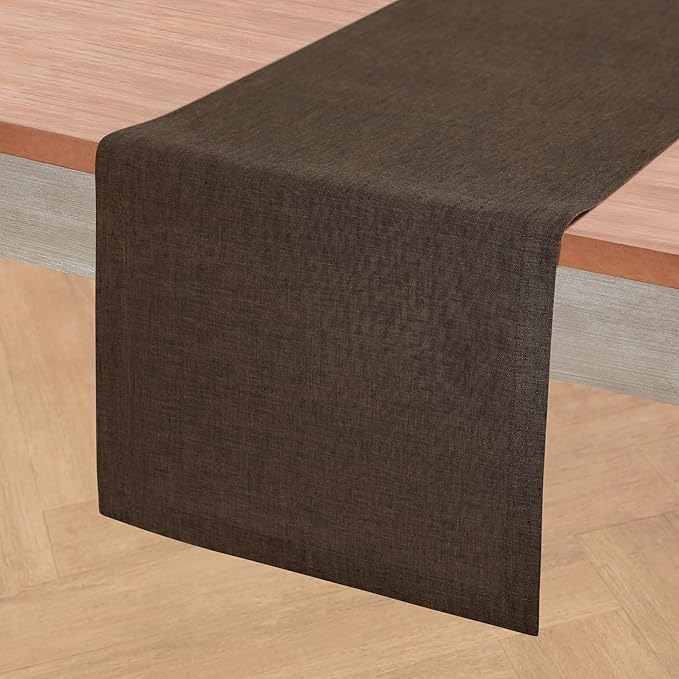 Solino Home Linen Chambray Brown Table Runner 156 Inches Long - Athena, 100% Pure Linen Dining Table Runner 14 x 156 Inch - Handcrafted and Machine Washable
