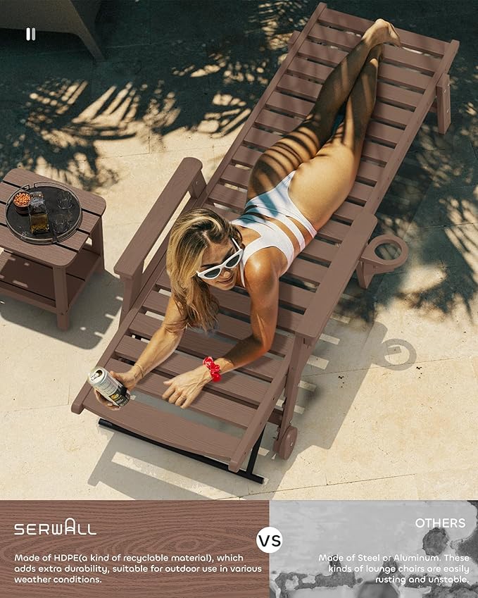 SERWALL Patio Chaise Lounge Chair Set of 2, 78'' Long 5-Positions Adjustable HDPE Outdoor Lounger for Pool, Poly Lounge Chair with Rolling Wheels & Cup Holder for Poolside, Deck, Coffee Brown