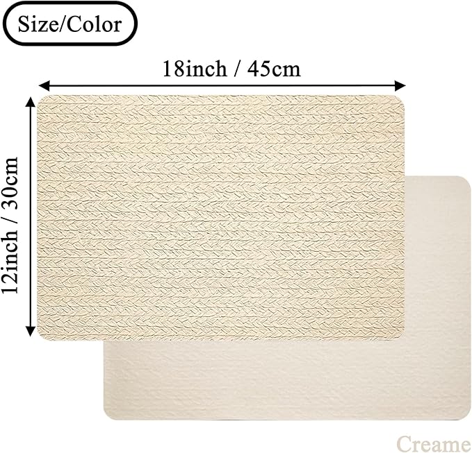 PIGCHCY Waterproof PVC Place Mats Set of 6, Non-Slip Faux Leather Placemats Rattan Pattern Surface Table Mats for Wedding/Birthday Party/Kitchen (18"x12", Cream)