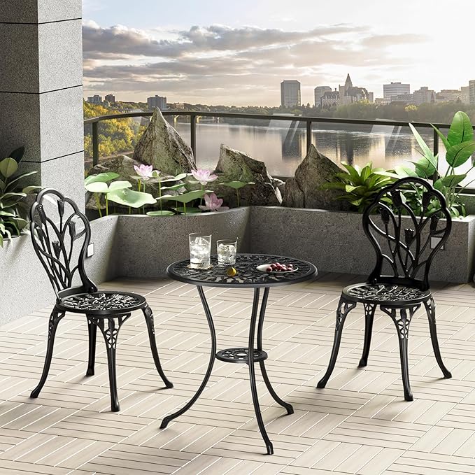 Outdoor Bistro Table and Chairs Set of 2, 3 Piece Patio Bistro Set w/Umbrella Hole, Rust-Resistant Cast Aluminum Bistro Set for Garden/Balcony/Backyard, Black