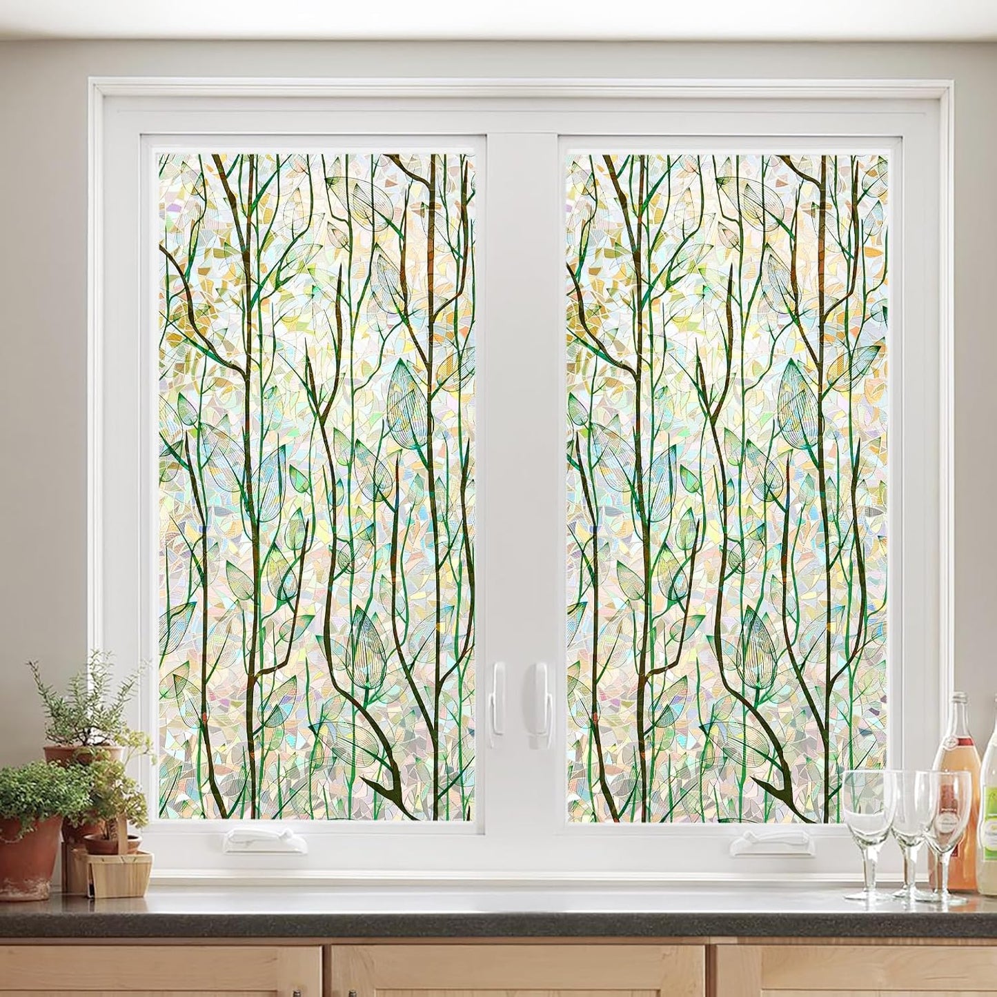 Finnez Window Privacy Film Window Film 3D No Glue Glass Sticker for Glass Door Home and Office Heat Control Anti UV (23.6 Inch x 13.1 Feet, Rainbow Grove)