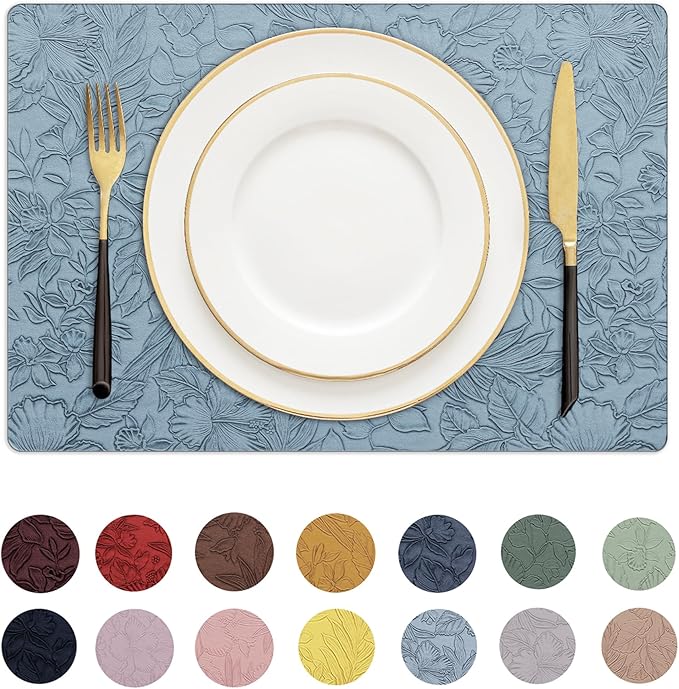 Romanstile Vinyl Placemats Set of 6-12 X 18 Inch - Heat Resistant Non-Slip Embossed Floral Place Mats 100% Waterproof Oilproof Wipeable Faux Leather Table Mats for Kitchen/Dining/Party, SkyBlue