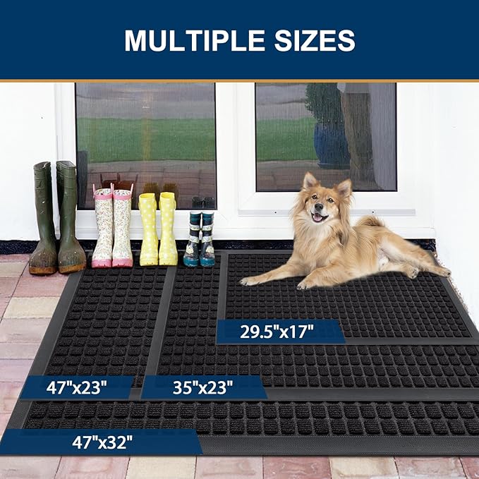Smiry Front Door Mat Outside Entrance, Heavy Duty Natural Rubber Doormat, Non Slip, Trap Dirt and Moisture, Easy Clean, Low Profile Welcome Floor Mats for Indoor Outdoor Entry, 59x34 Inch, Black