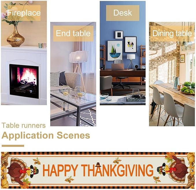 Happy Thanksgiving Table Runner, Autumn Pumpkin Maple Leaves Turkey Print Fall Harvest Holiday Kitchen Dining Table Decor for Indoor Outdoor Party, 13x90inch