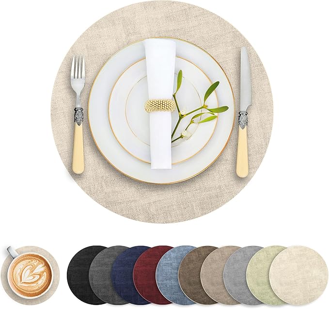 Round Faux Leather Placemats and Coasters, Set of 6, Reversible Heat Resistant Non-Slip Table Mats, Waterproof Wipeable Place Mats for Dining Table, Washable for Indoor & Outdoor (6, Beige)