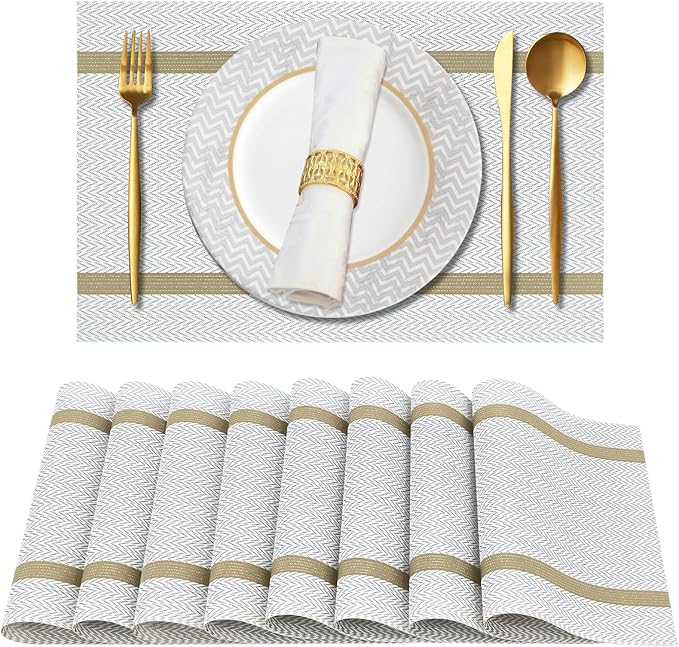 Beige Placemats Set of 8 - Heat Resistant Non-Slip Place mats for Dining Table, Washable Durable PVC Vinyl Woven Table Mats (Beige)