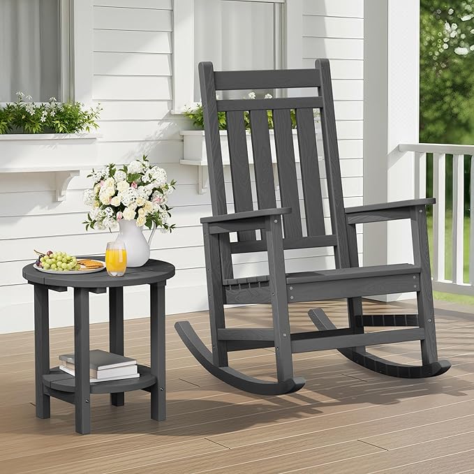 SERWALL Round Outdoor Side Table, HDPE Small Adirondack End Table,2-Tier Patio Side Table for Backyard Pool Porch Garden Lawn, Gray