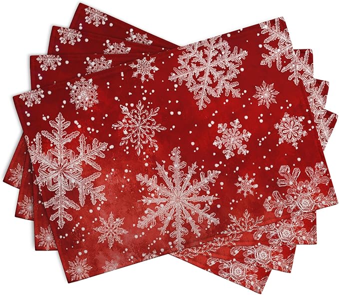 Red Snowflake Xmas Placemats Set of 4 Merry Christmas Snowflakes Linen Fabric Table Mats Seasonal Winter Holiday Washable Place Mats for Party Kitchen Dining Outdoor Indoor Decor