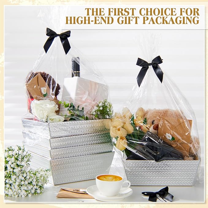 Wonderjune 20 Pcs Valentines Day Gift Baskets Empty To Fill Baskets For Gifts Empty With Gift Bag Bow Valentines Gifts Storage Basket Bulk for Wedding Party Wrapping(Diagonal Silver)