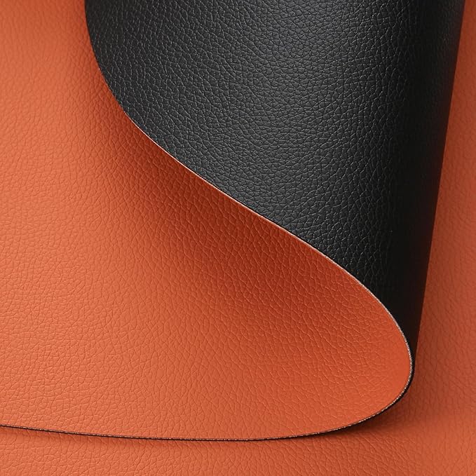 Myir JUN Placemats, Dual-Sided Placemats Waterproof Faux Leather Placemats Set of 6 Place Mats and Coasters Non-Slip Washable Table Mats for Dining Table (Black Orange, Set of 6)