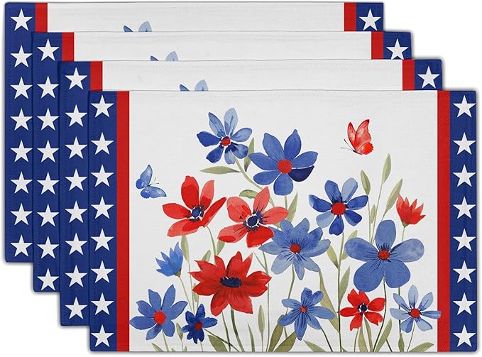 Giwawa 4th of July Placemats Set of 4 Watercolor Patriotic Flowers Stars Table Mats 12x18 Inch Independence Day Floral Heat Resistant Washable Linen Place Mat for Kitchen Dining Party Decor