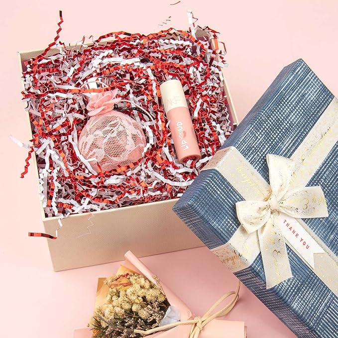 Caleihd 4.5oz Crinkle Cut Paper Shredded Filler Paper for Gift Baskets Gift Box Confetti Paper Shreds Decoration Stuffing for Birthday, Weddings, Anniversaries, Christmas Wrapping Red&White