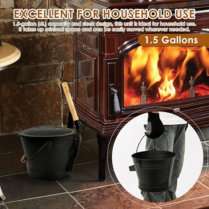 1.5 Gallon Ash Bucket with Lid and Shovel Broom Metal, Fireplace Ash Bucket, Complete Fireplace Tools Set for Fire Pit Grill Black(4 Pcs Set)