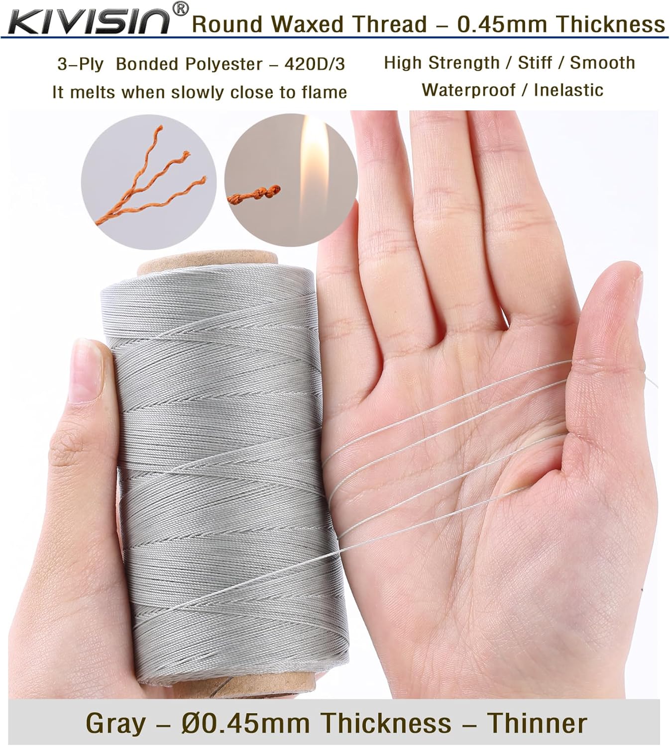 Thin Wax Polyester Thread, 0.45mm, 547 Yards, 3 Ply Round Waxed Cord Strings for Sewing, Beading, Binding, Micro Braiding, Fine Leather Craft and Micro Macrame Jewelry - Gray