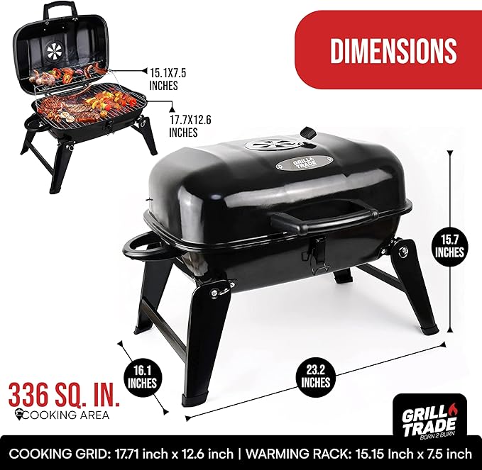Grill Trade Portable Charcoal Grill - Mini BBQ Grill - Small Table Top Charcoal Grill for Camping, Outdoor Cooking - Foldable Camping Grill for Picnics, Tailgating and Backyard Grilling