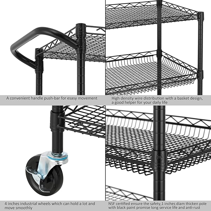 Finnhomy 3 Tier Heavy Duty Commercial Grade Utility Cart, Wire Rolling Cart with Handle Bar, Steel Service Cart with Wheels, Kitchen Carts on Wheels, Metal Cart Shelf Size 18" D x 36" W, NSF, Black