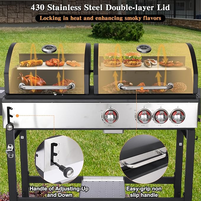 CIG GARDEN Gas and Charcoal Combo Grill, 3 Burner Propane Gas Grill with Side Burner, Cast Iron Grates Outdoor Barbecue Grill with 41,500 BTU Output, Perfect for Outdoor Cooking, Balcony, Camping