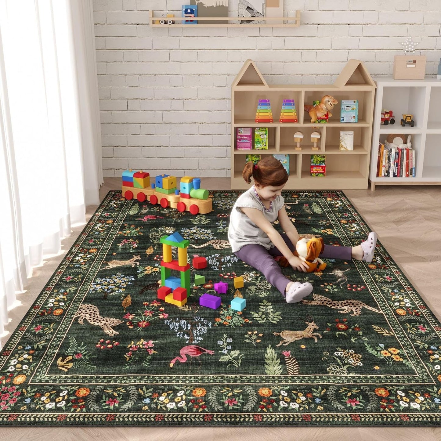 Rugcomf Area Rugs 8x10 Rug for Living Room Clearance Washable Boho Area Rug Non Slip Floral Animal Vintage Low Pile Large Rug for Living Room, Bedroom, Farmhouse, Dining Room, Kids Playroom (Green)