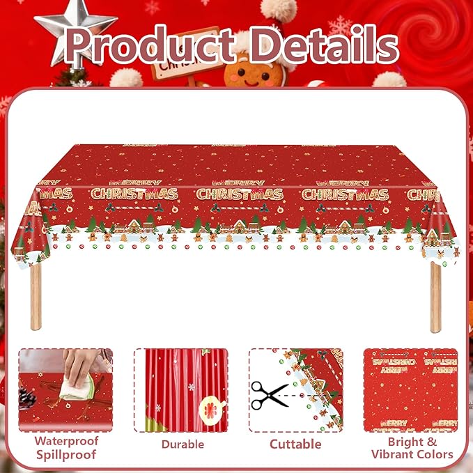 Merry Christmas Party Table Cloth Decorations Red Orange Gingerbread Plastic Xmas Tablecloths - 54x108inch Snowflake Christmas Tree Disposable Table Cover for Holiday Indoor Outside Home